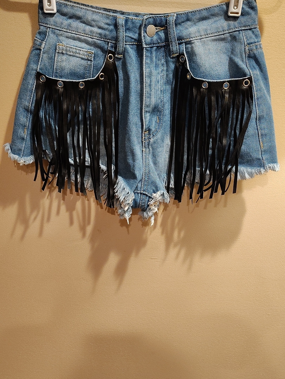 SHEIN Western Size 26 Light Blue Denim Shorts with Black Fringe WM1